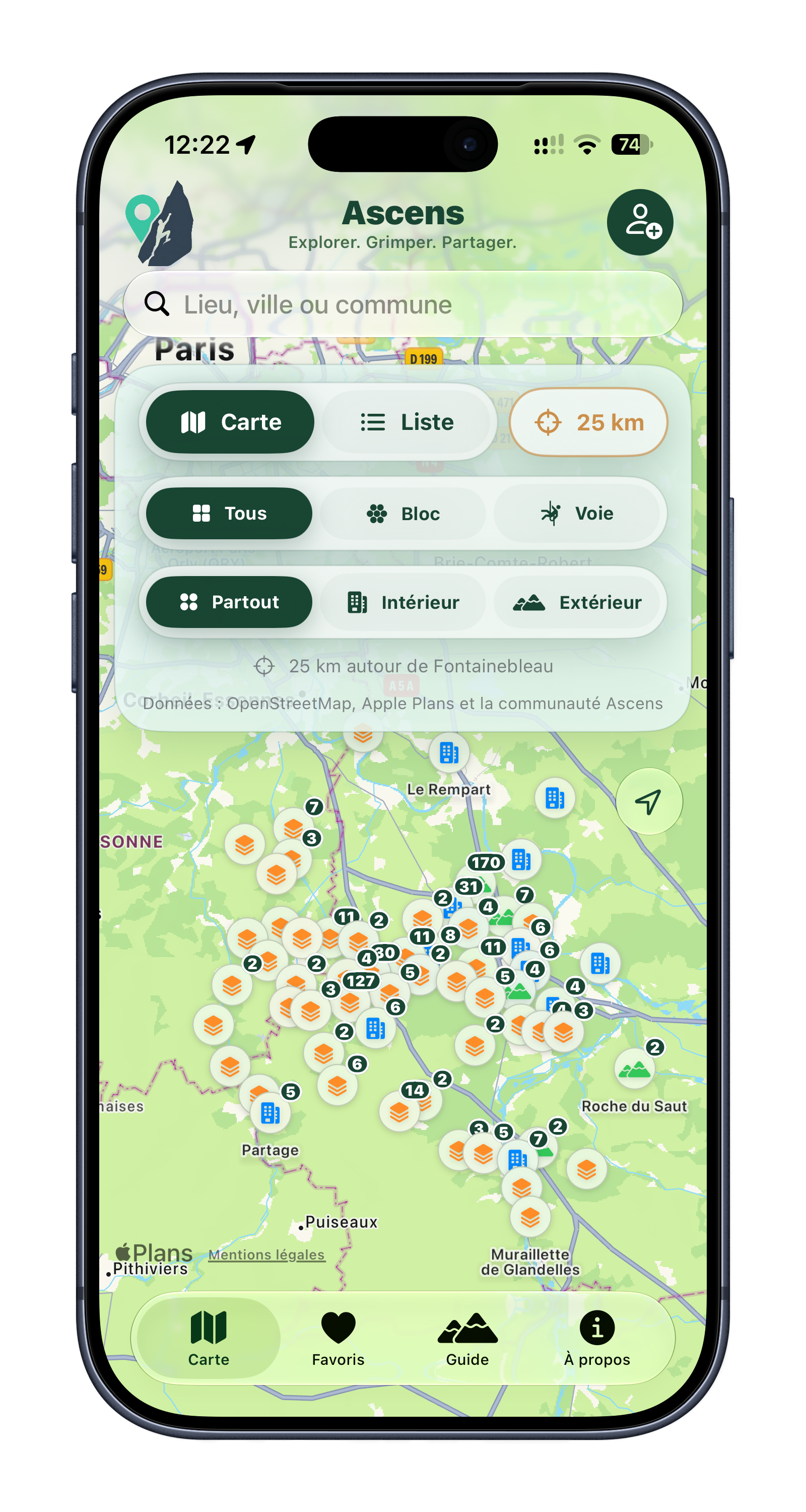La carte Ascens affiche les salles et sites d’escalade proches